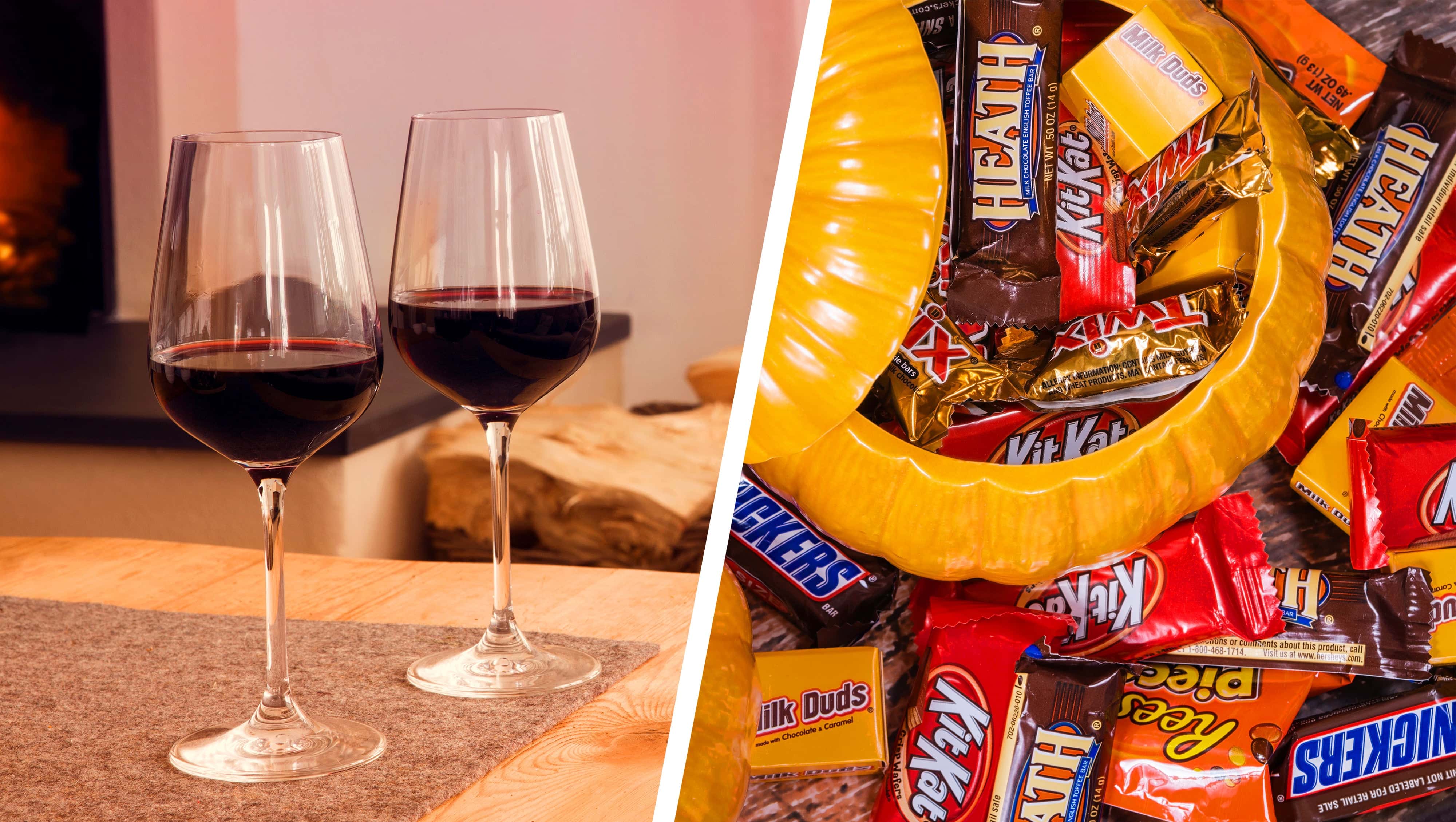 two red wine glasses with candy