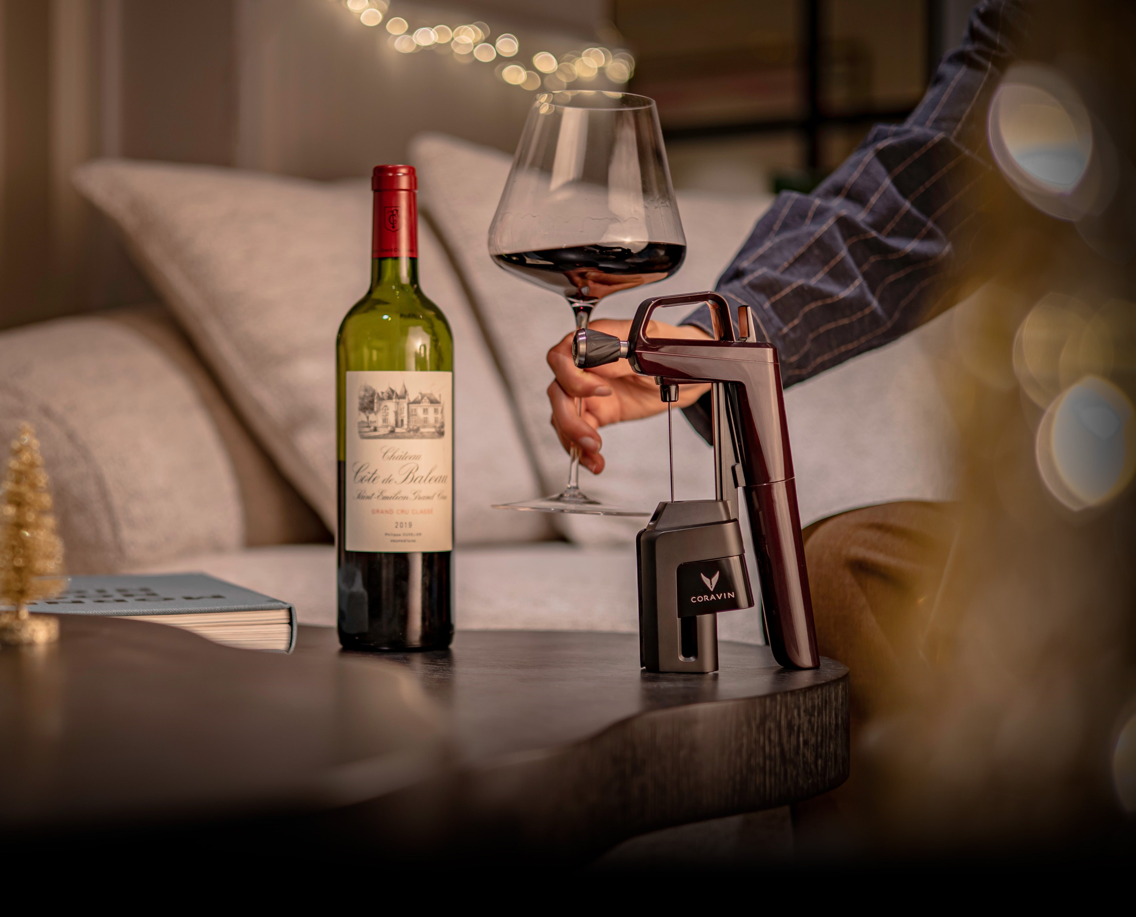 Red wine glass on a couch