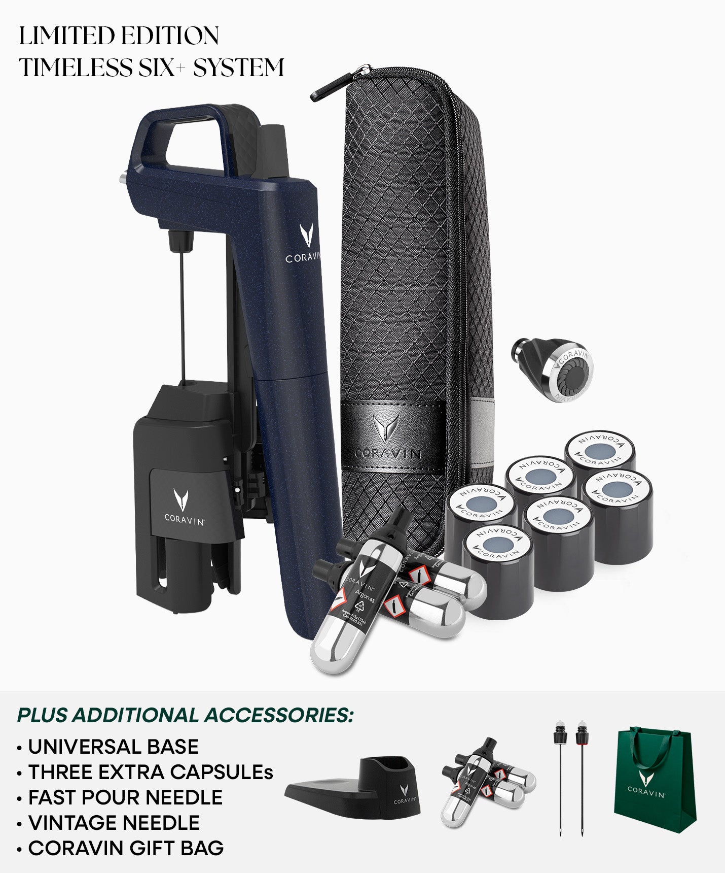 Coravin Timeless Six System limited edition kit on a white background, featuring a dark navy blue handheld device, black and silver needle components, a black zippered carrying case, several small cylindrical capsules, a small accessory piece, and a green gift bag. Text at the top reads 'LIMITED EDITION TIMELESS SIX - SYSTEM' and text at the bottom lists additional accessories.